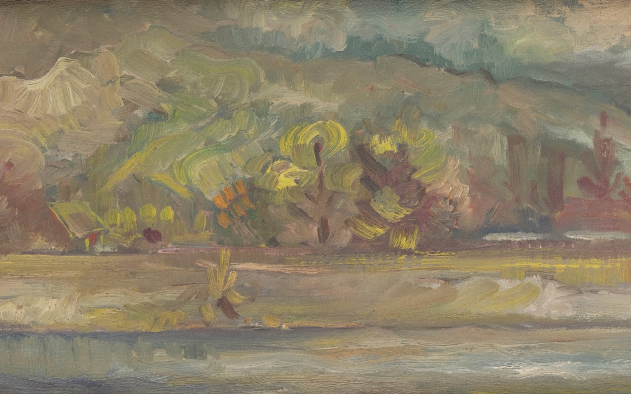 Impressionist landscape painting of trees along a riverbank in muted greens and golds